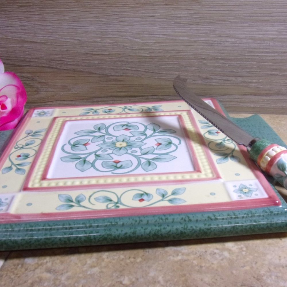 Cheese Board & Knife, Vintage Pfaltzgraff, Orleans Floral Green Pattern, GIFT